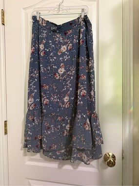 Allegra K Dusty Blue Floral Ruffle-Hem Maxi Skirt